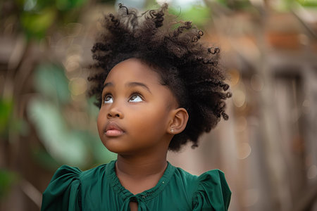 Close up portrait of a cute african american little girl looking up