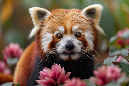 Red panda looking at the camera with pink flowers in the background