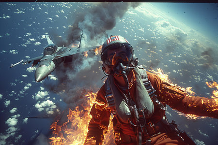 Man in spacesuit with jet fighter in the background.