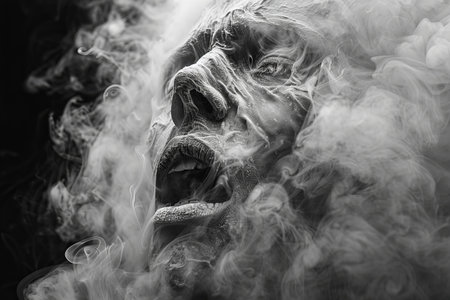 Black and white portrait of a scary zombie in smoke. Halloween.