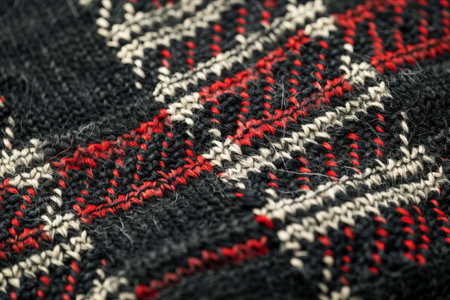 Close up of woolen fabric with red and white stripes. Selective focus.