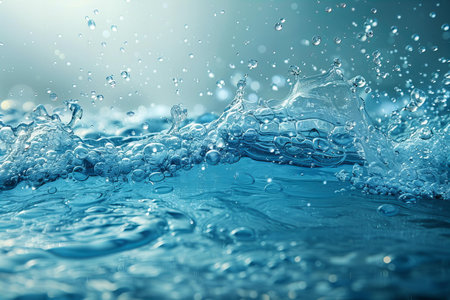 Water splashes on a blue background. Shallow depth of field.