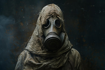 Man in gas mask on a dark background. The concept of pollution.