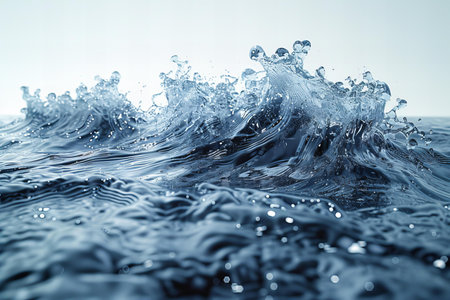 Water splashes on a blue background. Shallow depth of field.