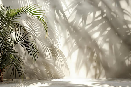 3d render of a light room with palm tree and sunlight.