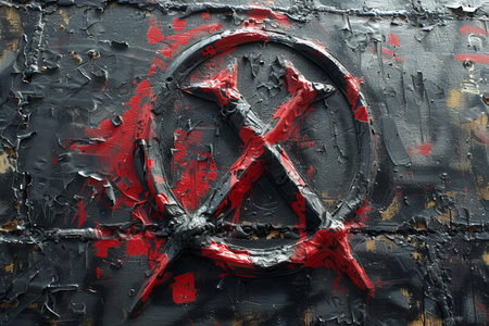 The letter X on the background of the painted metal surface of the wallの写真素材