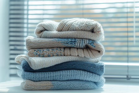 Stack of knitted winter sweaters on the windowsill. Cozy winter concept.の写真素材