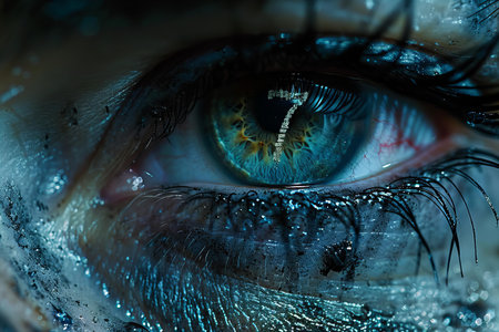 Close up of woman's blue eye with water drops. 3D rendering