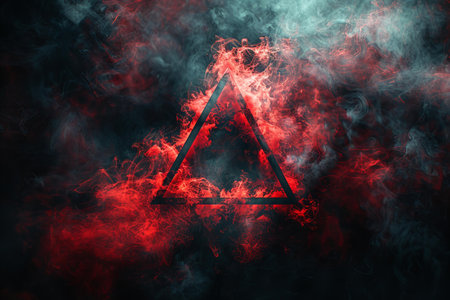 Red and black smoke with a triangle in the center on a dark background