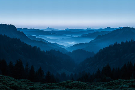Foggy mountain landscape at dawn. Blue toned image.