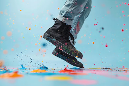 Close-up of man's legs in black sneakers and splashes of paintの写真素材