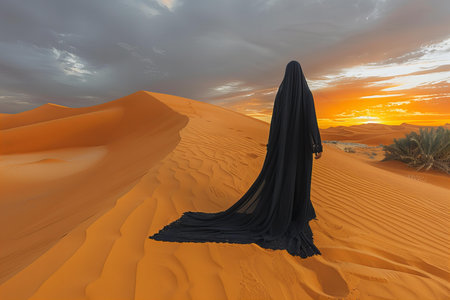 A person in a long black abaya stands amidst the desert dunes at sunset.