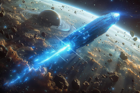 Spaceship in space. Science fiction art. 3D rendering