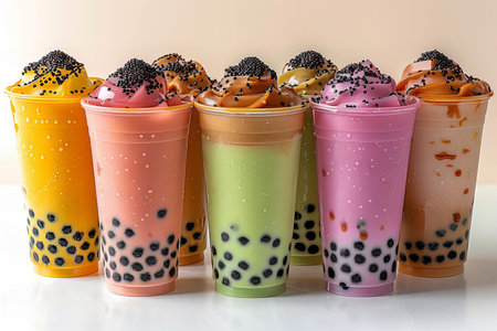 Chocolate bubble tea in plastic cups with black polka dots.