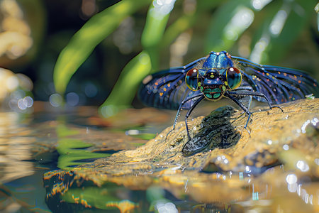 Blue dragonfly on a rock in the rainforest, Thailand.の写真素材