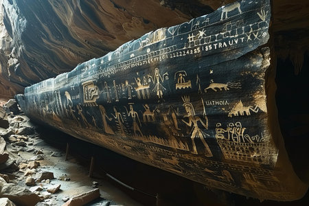 Egyptian hieroglyphs on the walls of an underground caveの写真素材