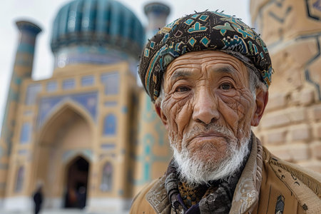 Portrait of an old man with a white beard in the courtyard of the mosqueの写真素材