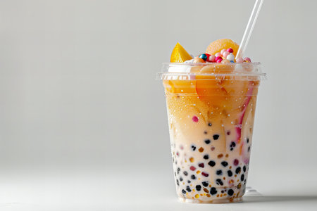 Tapioca pearls bubble tea in plastic cup with straw.