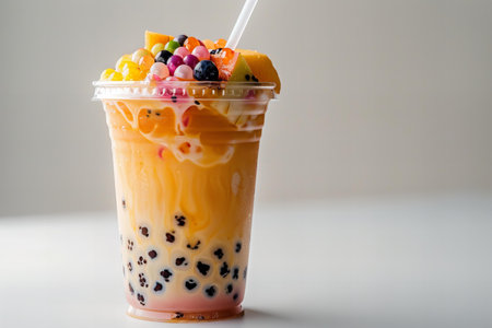 Iced Milk Tea with Bubbles in Plastic Cup on White Background