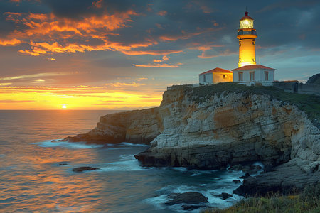 Lighthouse at sunset on the Cabo da Roca, Portugalの写真素材