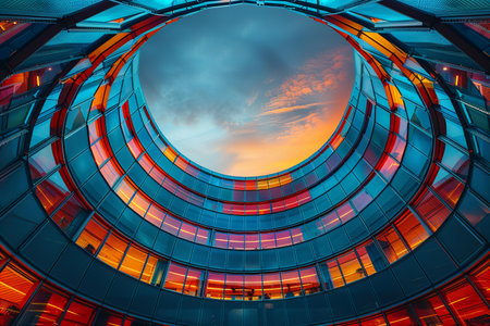 Reflection of the sky and clouds in the windows of a modern office buildingの写真素材