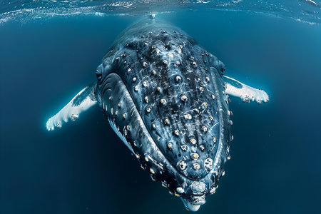 Humpback whale swimming in deep blue ocean. Top view.の写真素材