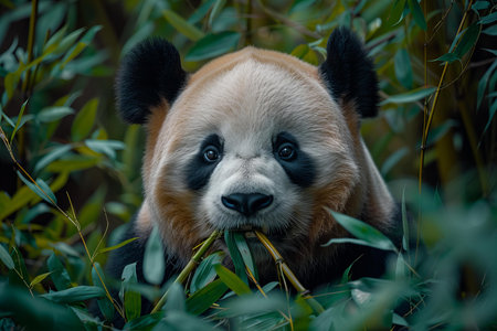 Portrait of giant panda eating bamboo leaves in a forest.の写真素材
