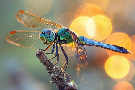 Dragonfly on a branch with bokeh lights in the backgroundの写真素材