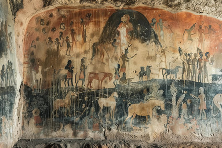 Ancient frescoes on the walls of the old cave city of Cappadocia, Turkeyの写真素材