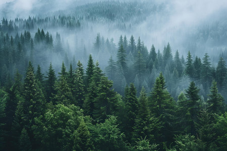 Foggy forest in the mountains. Beautiful landscape with fog.