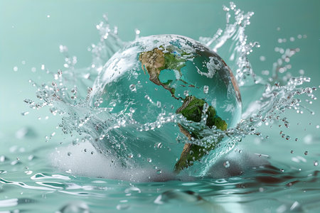 Earth in water with splashes and drops of water on a green backgroundの写真素材