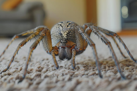 Close up of a spider on a carpet in the living room.の写真素材