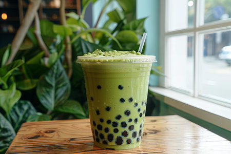 Iced matcha green tea latte with bubble on wood tableの写真素材