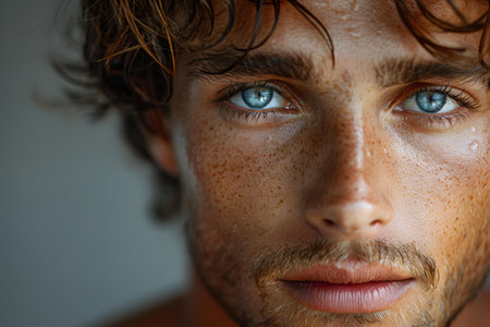 Close up portrait of a handsome young man with blue eyes and wet hairの写真素材