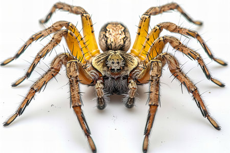 Close up of jumping spider on white background. (Scientific name: Araneus diadematus)