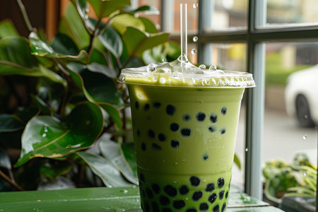 Iced green tea with bubble in plastic cup on green background.の写真素材