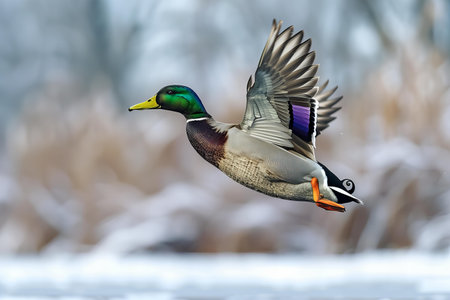 Mallard Duck Flying in a Snowy Winter Landscape.の写真素材