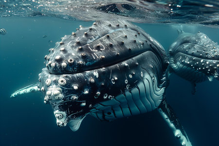 Whales in the blue water. 3D rendering. Underwater world.の写真素材