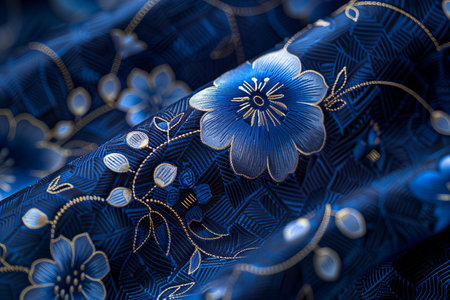 Fabric silk blue with a pattern of flowers. tissue, textile, cloth, fabric, material, textureの写真素材