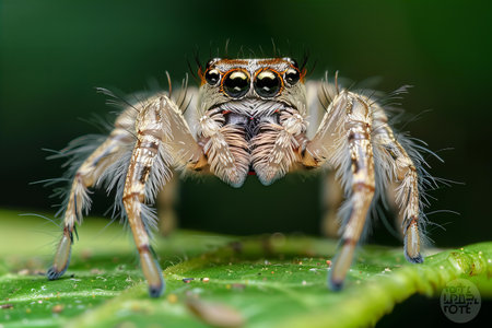 jumping spider on green leaf in nature or in the garden.