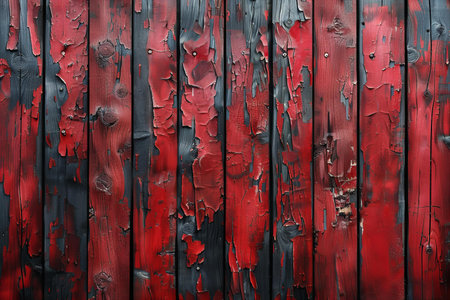 Wooden background with red and black peeling paint. Wood texture.の写真素材