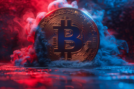 Bitcoin with red smoke. Cryptocurrency concept. 3D illustrationの写真素材