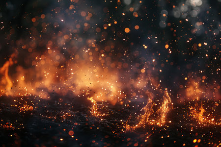 Fire flames on black background with bokeh effect. Abstract texture.
