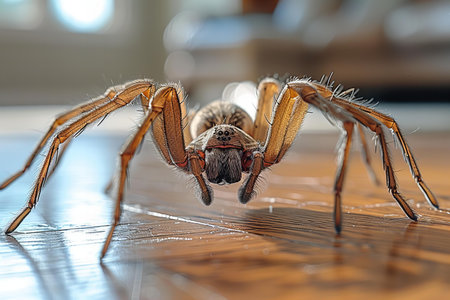 Close up of a jumping spider on a table in a room.の写真素材