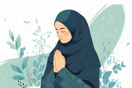 Muslim woman praying with her hands together. Vector illustration in cartoon style.の写真素材