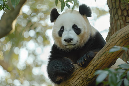 Giant panda sitting on a branch of a tree in a zoo