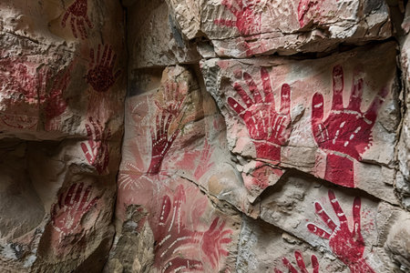 Painted hand prints on a stone wall in Cappadocia, Turkeyの写真素材
