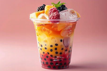 Fruit cocktail in plastic cup on pink background, close-upの写真素材