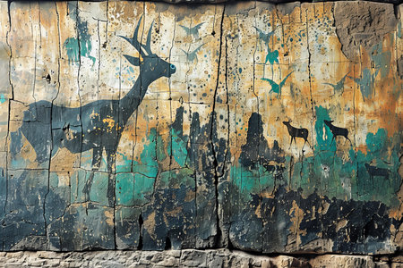 Old grunge wall with deer on it. Abstract background for design.の写真素材