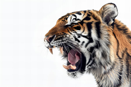 Close up of tiger's mouth isolated on white background with clipping pathの写真素材